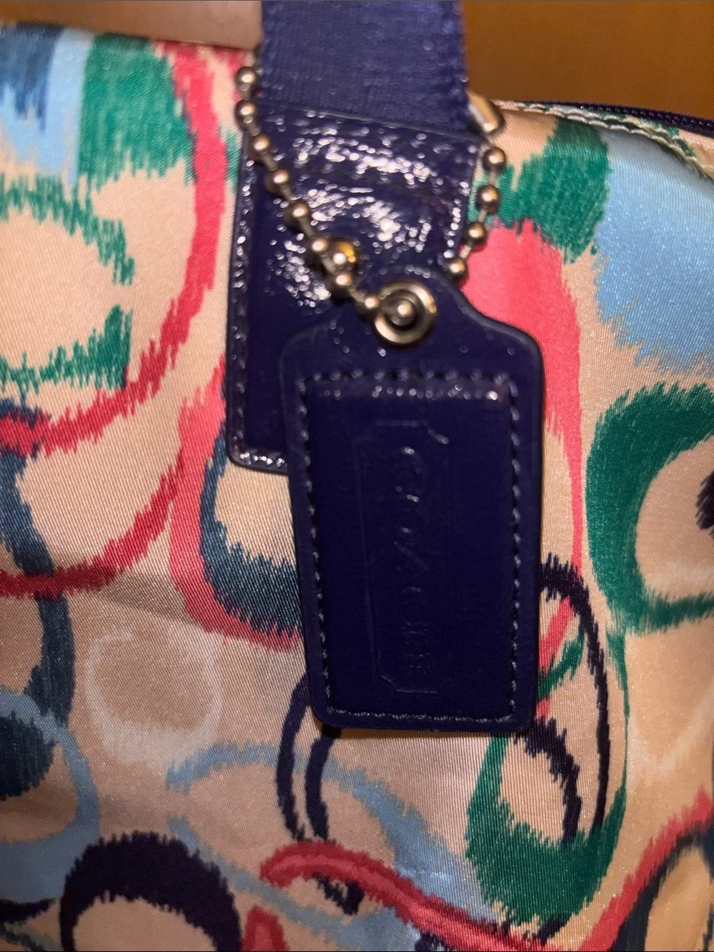 Coach Multicolor Signature Circle Print Tote with Navy Straps